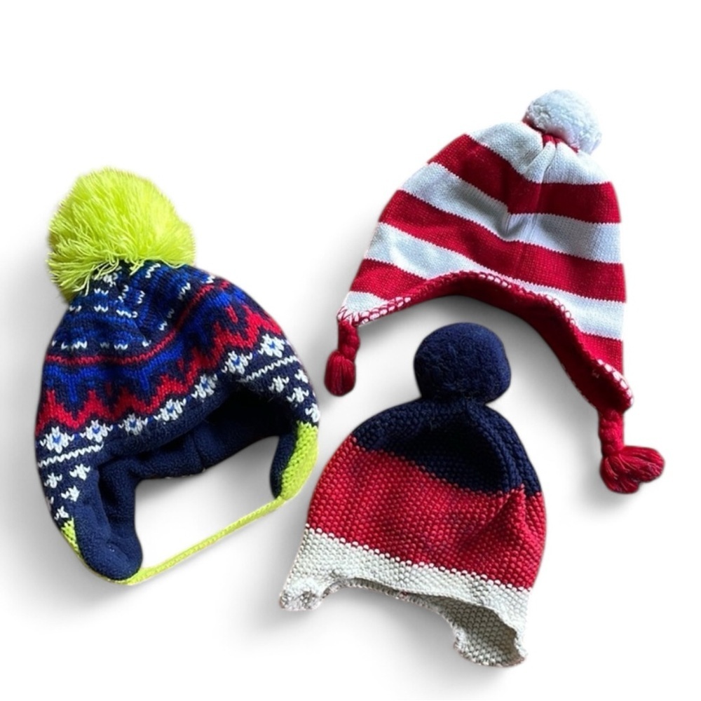 Three pairs of infant winter knit hats (various brands) - size 0-6 months